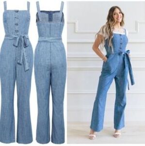 Rachel Parcell Chambray Jumpsuit Denim Overalls Wide Leg Women's Sz S